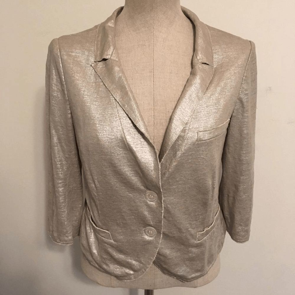 IISLI Metallic Beige 100% Linen Cropped Jacket Size 10